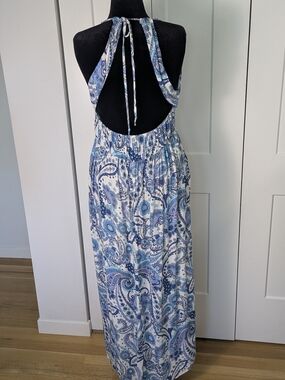 3rd + Malt Low Back Halter Neck Maxi Dress blue White Summer Beach Paisley Sz XL